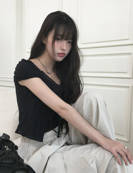 [anyonemore] Kaline Summer Ribbon Open Crop Blouse