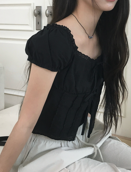 [anyonemore] Kaline Summer Ribbon Open Crop Blouse