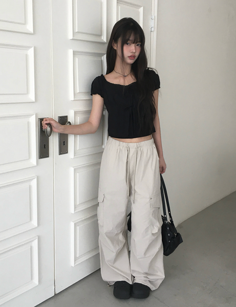 [anyonemore] Kaline Summer Ribbon Open Crop Blouse