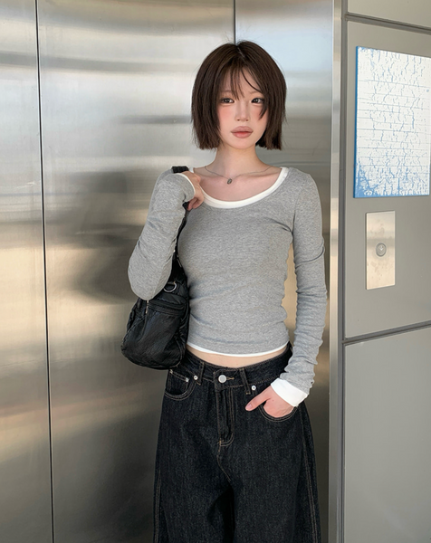 [anyonemore] Charin Deep Uneck Two Way Layered T-Shirt