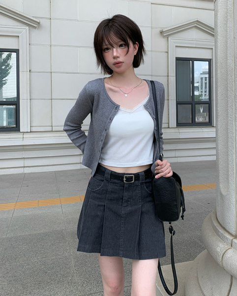 [anyonemore] Belt Denim Pleats Skirt