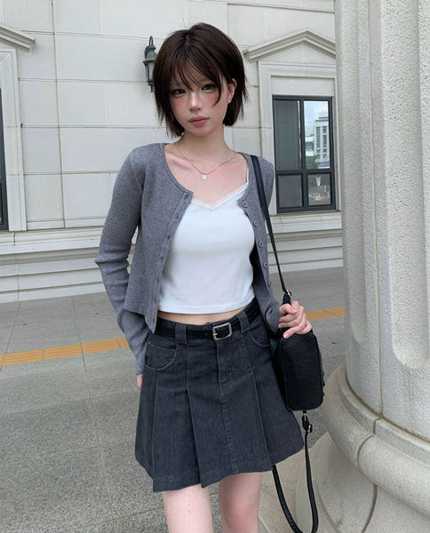 [anyonemore] Belt Denim Pleats Skirt