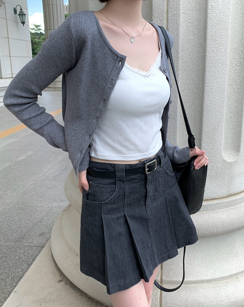 [anyonemore] Belt Denim Pleats Skirt