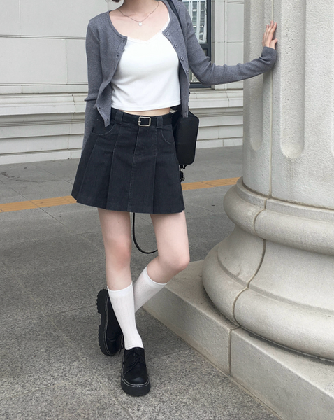 [anyonemore] Belt Denim Pleats Skirt