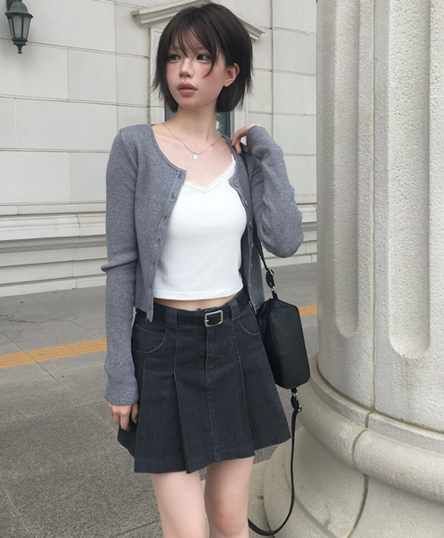 [anyonemore] Belt Denim Pleats Skirt