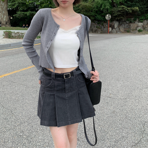 [anyonemore] Belt Denim Pleats Skirt