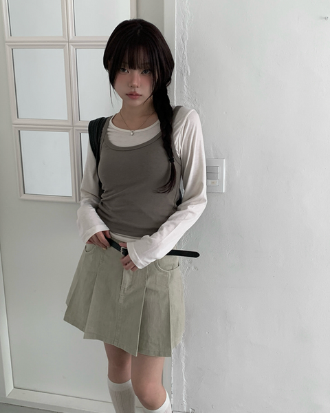 [anyonemore] Belt Denim Pleats Skirt