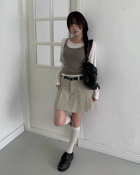 [anyonemore] Belt Denim Pleats Skirt