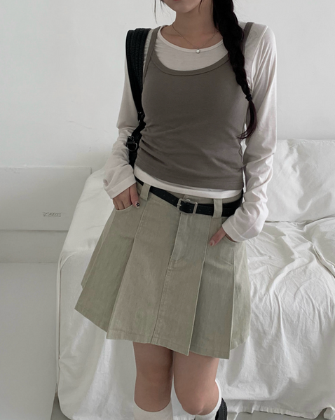 [anyonemore] Belt Denim Pleats Skirt