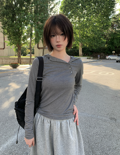 [anyonemore] Rhythm Diagonal Unbalanced Button Hood Long Sleeved T-Shirt