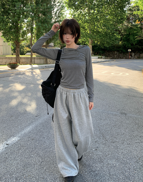 [anyonemore] Rhythm Diagonal Unbalanced Button Hood Long Sleeved T-Shirt