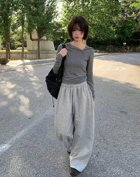 [anyonemore] Rhythm Diagonal Unbalanced Button Hood Long Sleeved T-Shirt