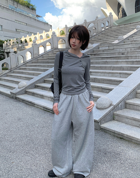 [anyonemore] Rhythm Diagonal Unbalanced Button Hood Long Sleeved T-Shirt