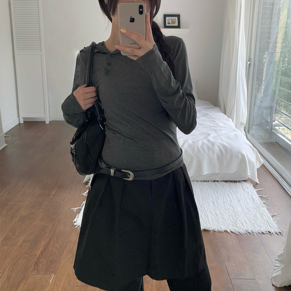 [anyonemore] Rhythm Diagonal Unbalanced Button Hood Long Sleeved T-Shirt