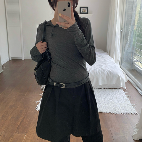 [anyonemore] Rhythm Diagonal Unbalanced Button Hood Long Sleeved T-Shirt