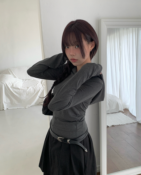 [anyonemore] Rhythm Diagonal Unbalanced Button Hood Long Sleeved T-Shirt