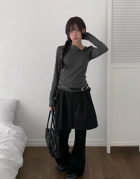 [anyonemore] Rhythm Diagonal Unbalanced Button Hood Long Sleeved T-Shirt