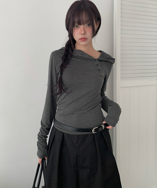 [anyonemore] Rhythm Diagonal Unbalanced Button Hood Long Sleeved T-Shirt