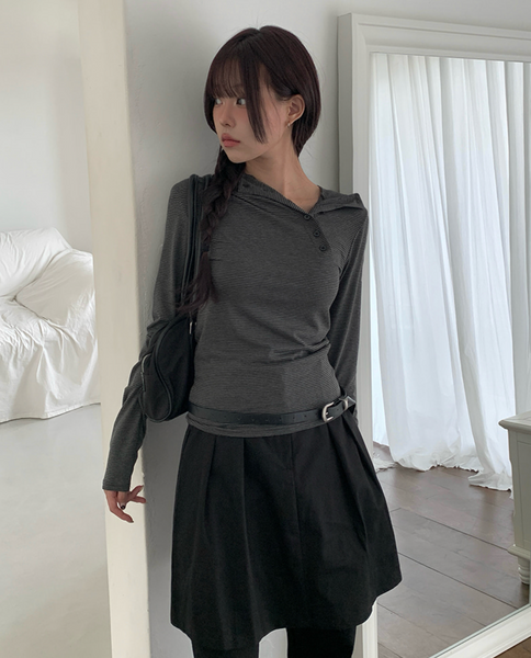 [anyonemore] Rhythm Diagonal Unbalanced Button Hood Long Sleeved T-Shirt