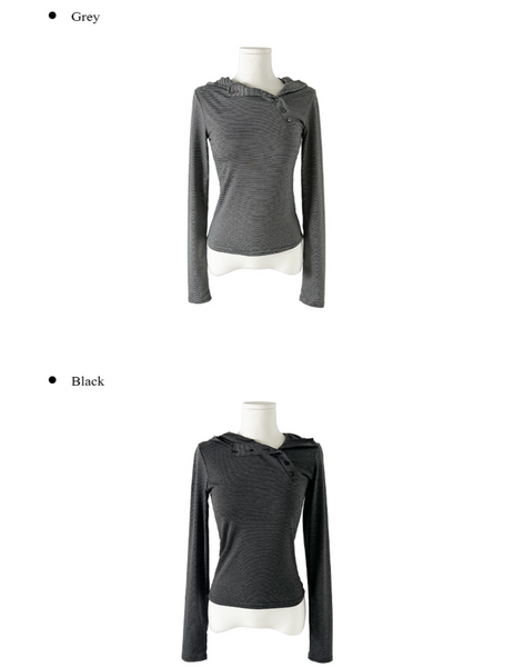 [anyonemore] Rhythm Diagonal Unbalanced Button Hood Long Sleeved T-Shirt