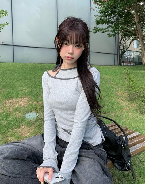 [anyonemore] Pencil Layered Unbalanced Color Line T-Shirt