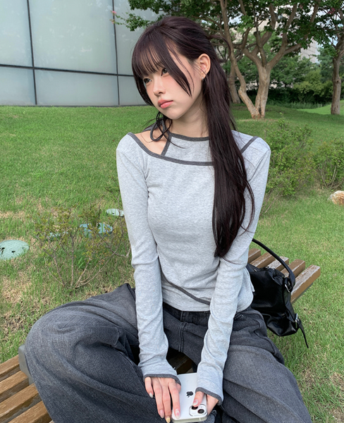 [anyonemore] Pencil Layered Unbalanced Color Line T-Shirt