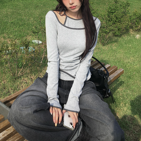 [anyonemore] Pencil Layered Unbalanced Color Line T-Shirt