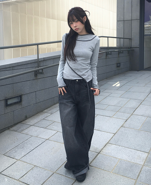 [anyonemore] Pencil Layered Unbalanced Color Line T-Shirt