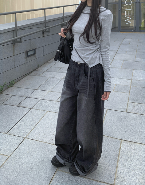 [anyonemore] Pencil Layered Unbalanced Color Line T-Shirt