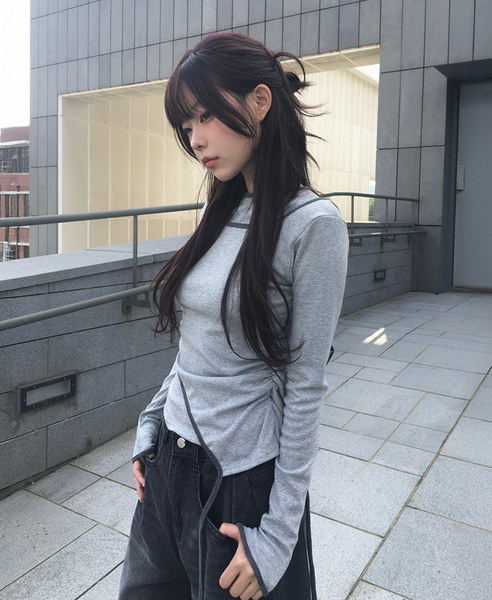 [anyonemore] Pencil Layered Unbalanced Color Line T-Shirt