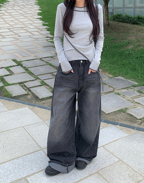 [anyonemore] Pencil Layered Unbalanced Color Line T-Shirt