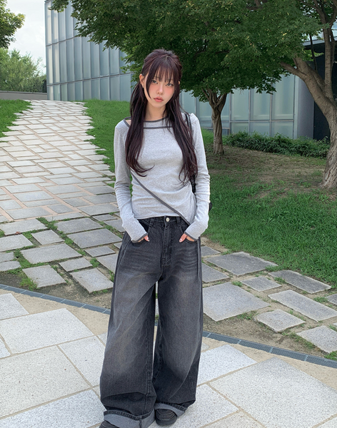 [anyonemore] Pencil Layered Unbalanced Color Line T-Shirt