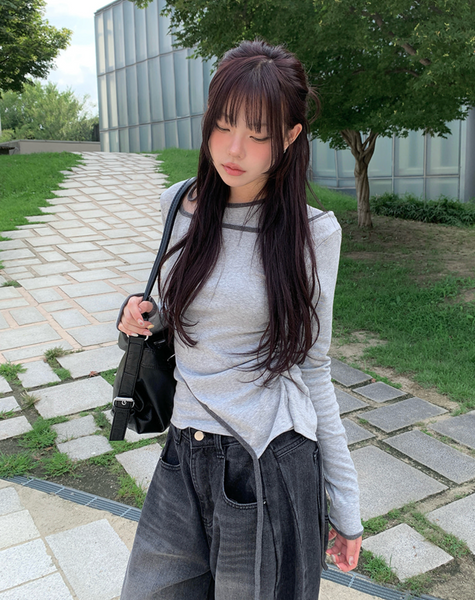 [anyonemore] Pencil Layered Unbalanced Color Line T-Shirt