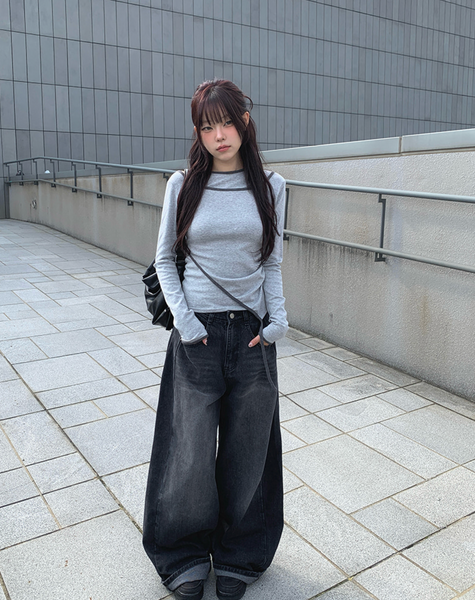 [anyonemore] Pencil Layered Unbalanced Color Line T-Shirt