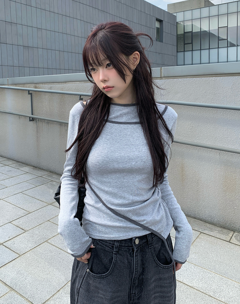 [anyonemore] Pencil Layered Unbalanced Color Line T-Shirt