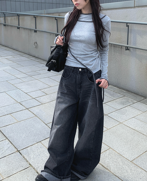 [anyonemore] Pencil Layered Unbalanced Color Line T-Shirt