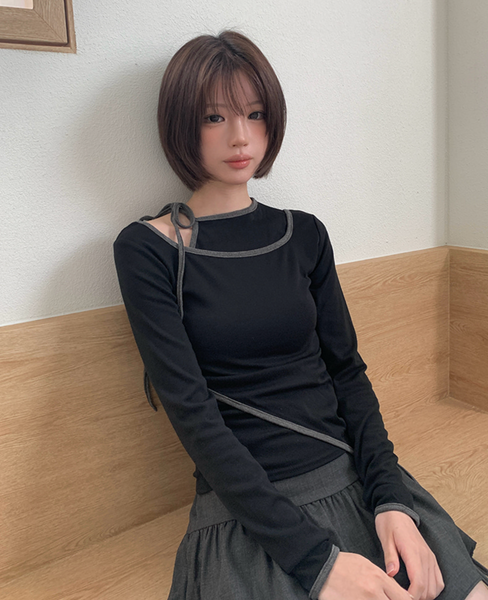 [anyonemore] Pencil Layered Unbalanced Color Line T-Shirt