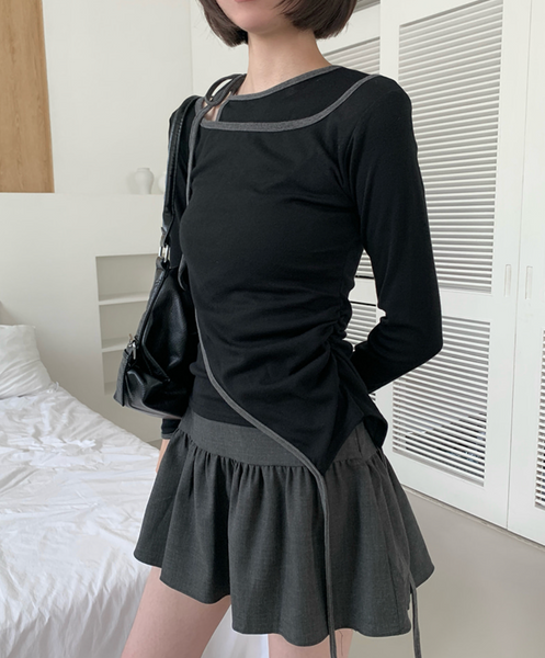 [anyonemore] Pencil Layered Unbalanced Color Line T-Shirt