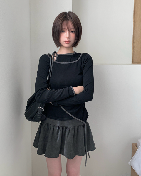 [anyonemore] Pencil Layered Unbalanced Color Line T-Shirt