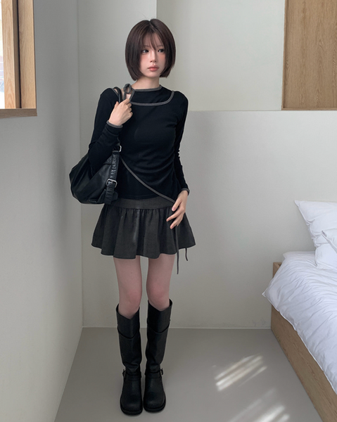 [anyonemore] Pencil Layered Unbalanced Color Line T-Shirt