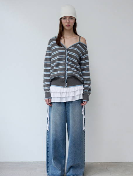 [rola rola] ONE OFF SHOULDER STRIPE CARDIGAN GRAY
