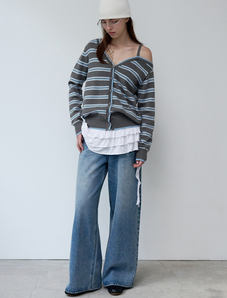 [rola rola] ONE OFF SHOULDER STRIPE CARDIGAN GRAY