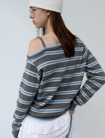 rola rola] ONE OFF SHOULDER STRIPE CARDIGAN GRAY – Ohue