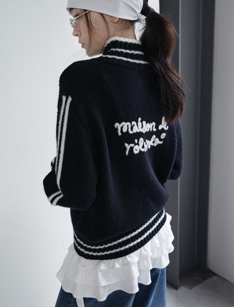 [rola rola] MAISON DE ROLA EMBROIDERY WOOL BLENDED KNIT ZIP-UP BLACK