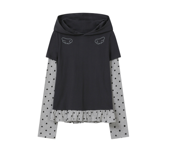[BAUF] Angel Slim Fit Layered Hooded T-Shirt [Dot Charcoal]