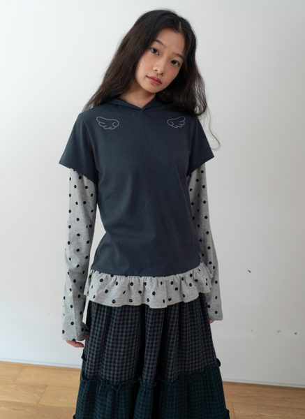 [BAUF] Angel Slim Fit Layered Hooded T-Shirt [Dot Charcoal]