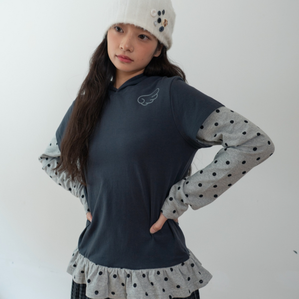 [BAUF] Angel Slim Fit Layered Hooded T-Shirt [Dot Charcoal]