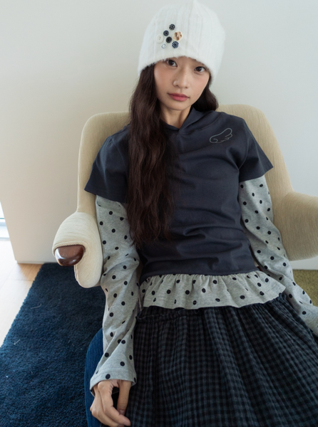 [BAUF] Angel Slim Fit Layered Hooded T-Shirt [Dot Charcoal]