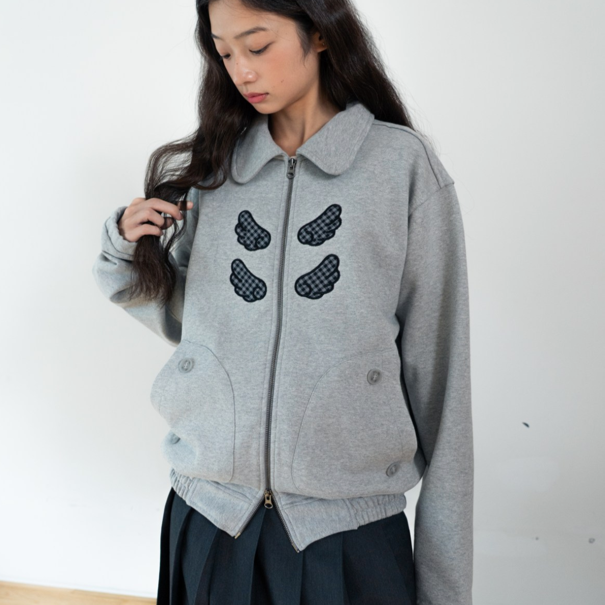 [BAUF] Angel Collar Zip-Up Jacket [Gray]