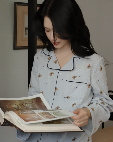 [Juuneedu] Mandy Bear Crinkle Cotton Long Sleeve Pajamas (3colours)